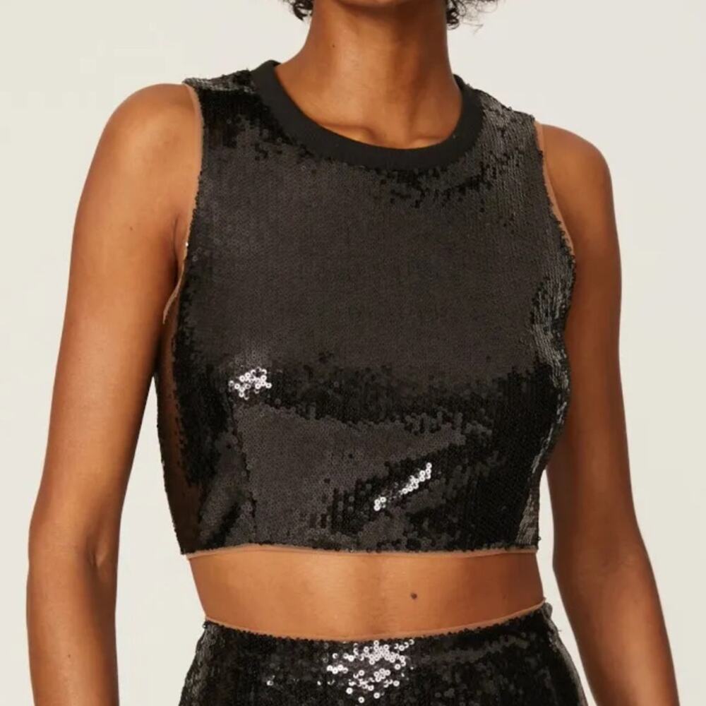 Toccin Sequin Crop Top Black Crewneck Sleeveless Glam Blouse Women’s Size S